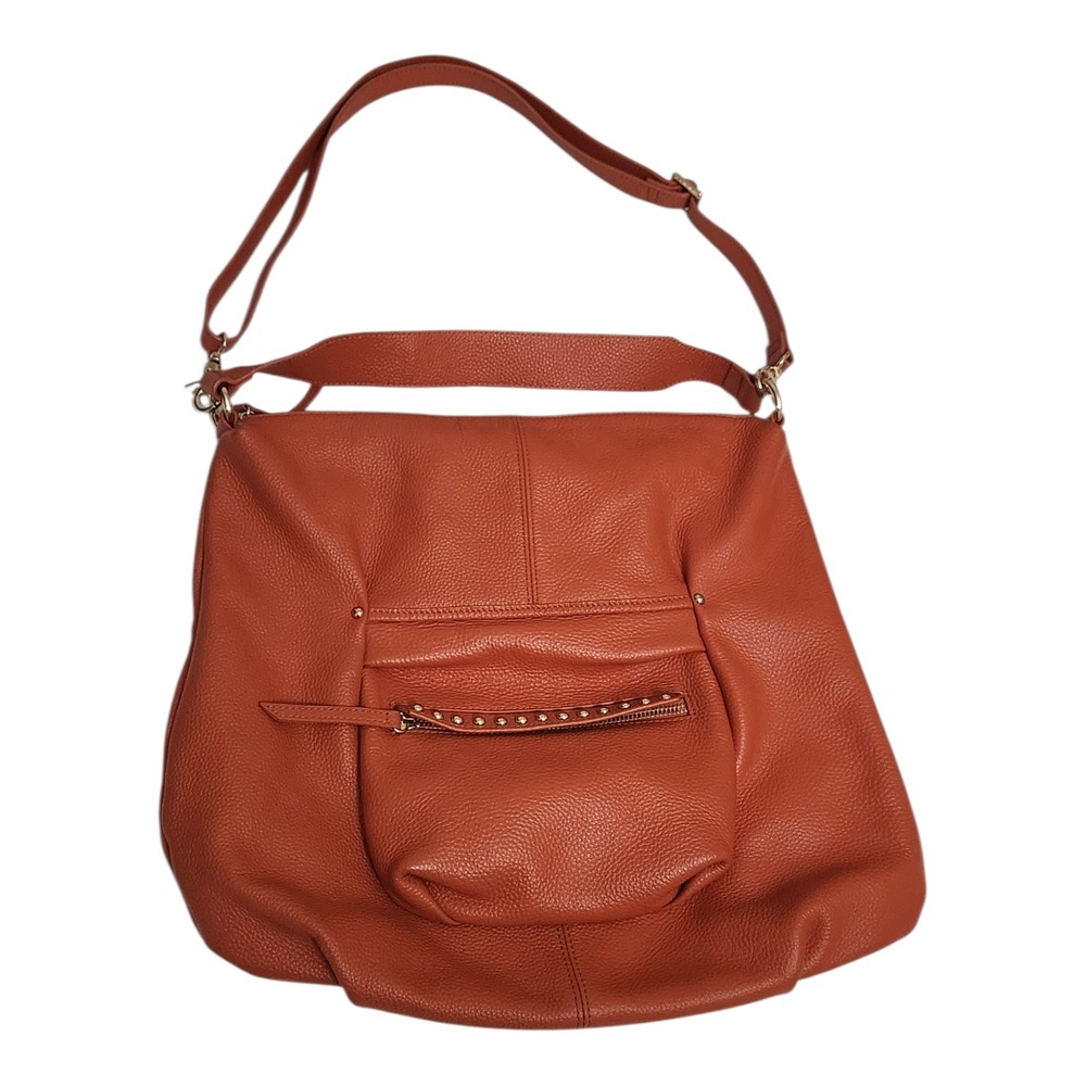Laggo Burnt Orange Pebbled Leather Studded Slouchy Hobo Crossbody Bag